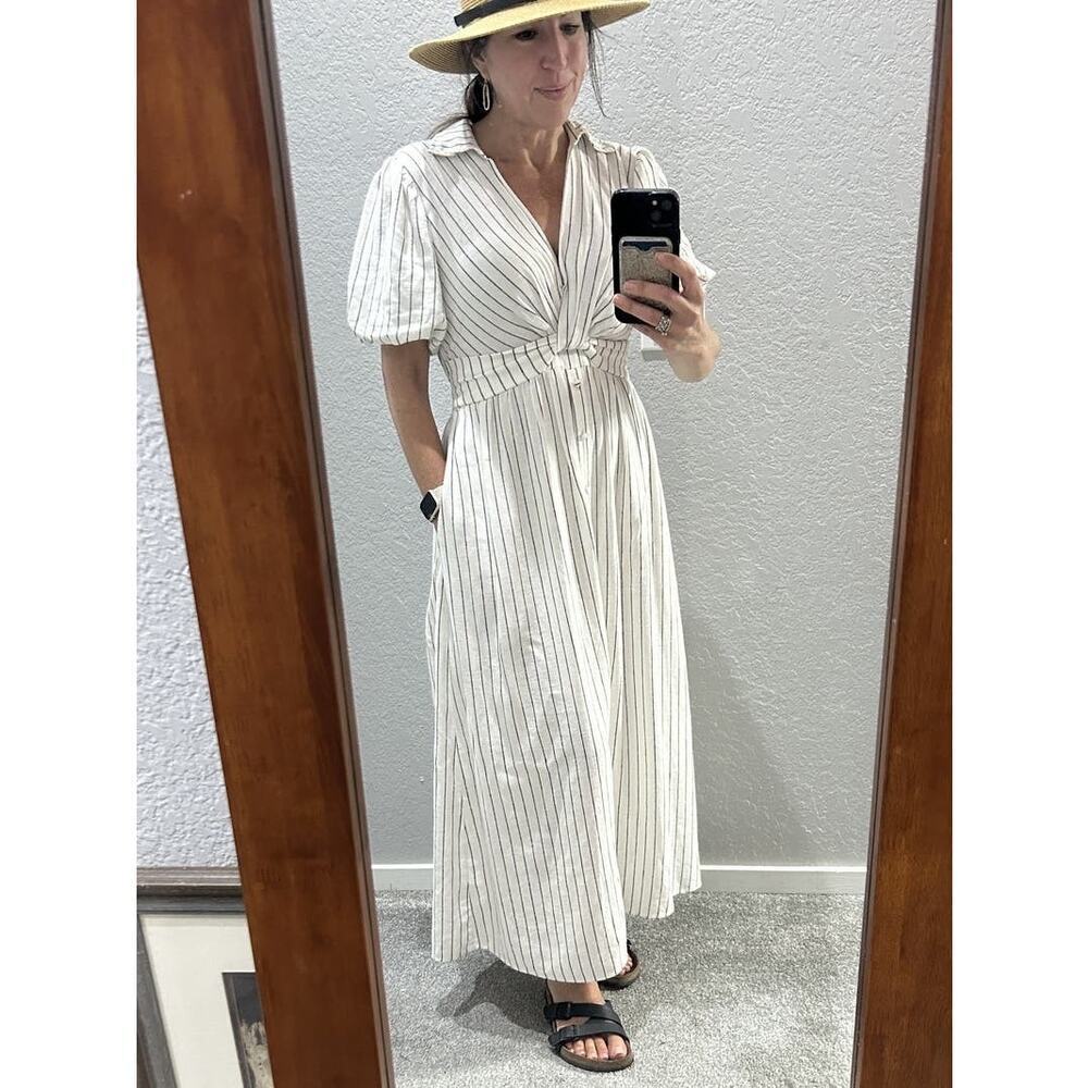 DEREK LAM COLLECTIVE White Stripe Linen Collar Knot Waist Shirt Dress Size 42